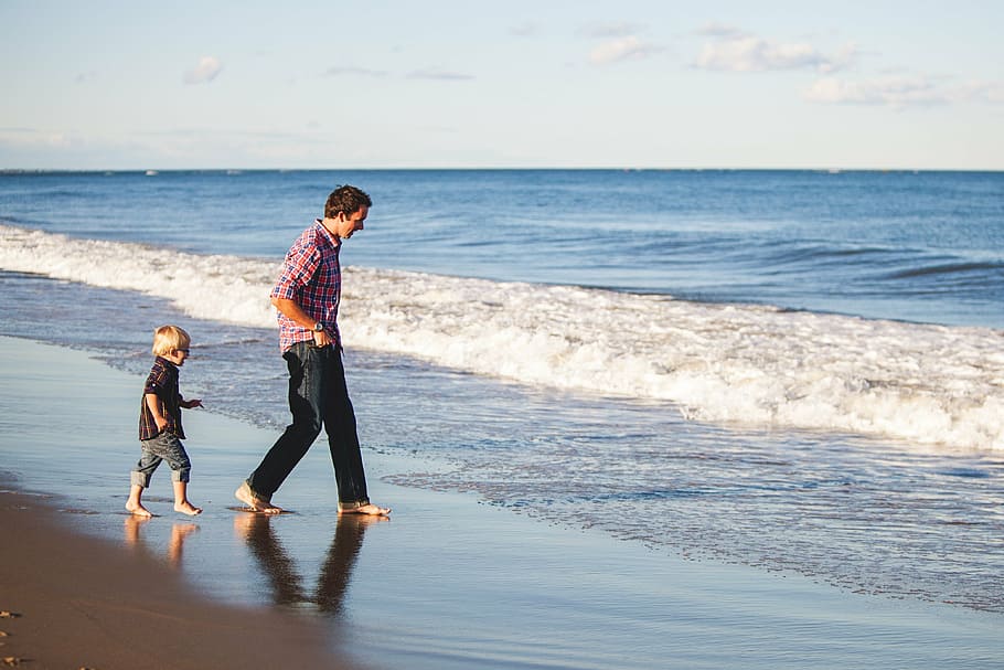 boy and man walking on seashore, beach, kid, nature, ocean HD wallpaper