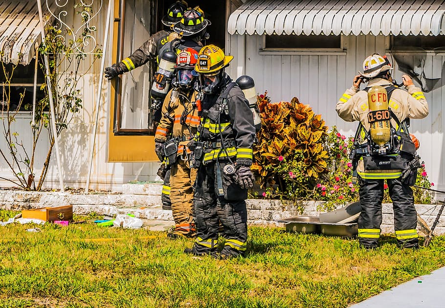 Fire, helmet, standing, full length, grass, adults only, architecture HD wallpaper
