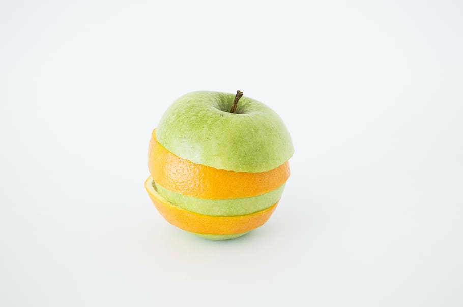 stacked of green apple and orange peel, mix, fruit, food, healthy HD wallpaper