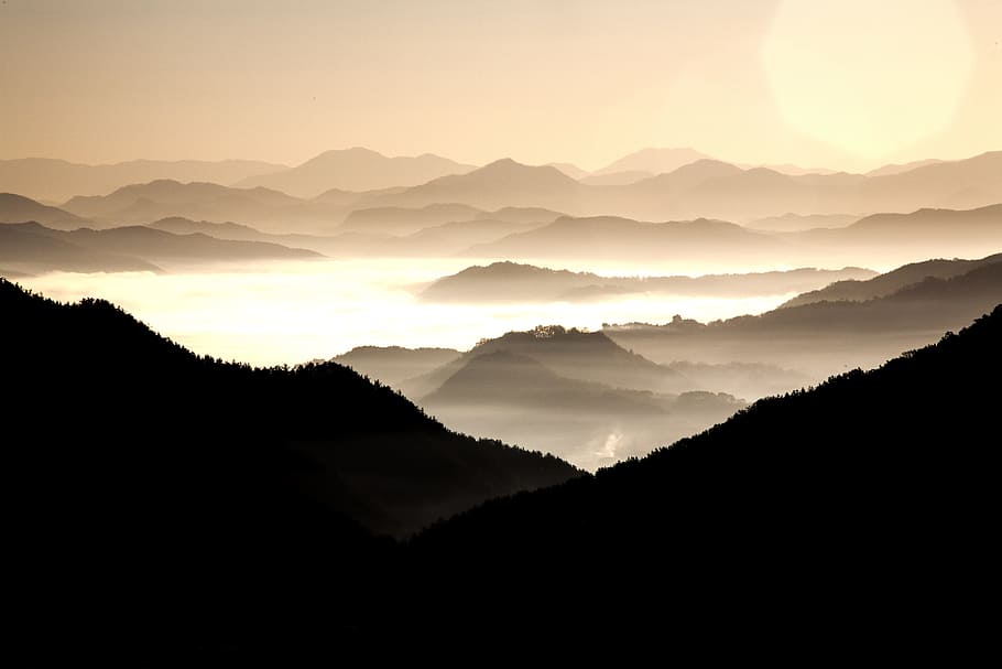 silhouette of mountain under clouds at daytime, oriental, nature HD wallpaper