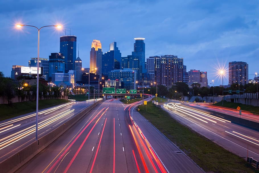 time lapse photo of road near high rise buildings, minneapolis, HD wallpaper