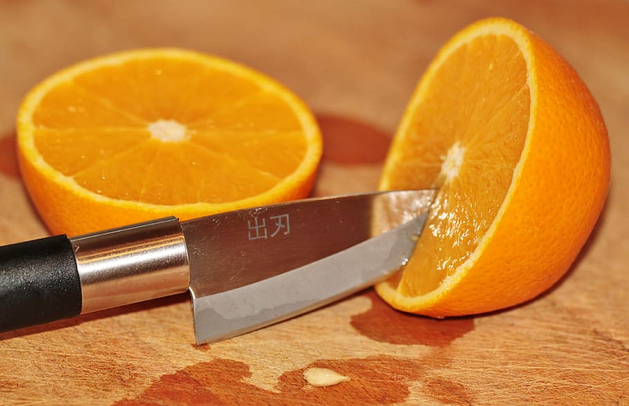 orange, citrus fruit, pulp, juicy, sweet, food, knife, blade HD wallpaper