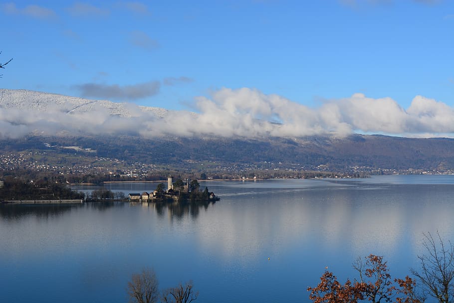 lake annecy, body of water, reflection water, blue sky, panoramic, HD wallpaper
