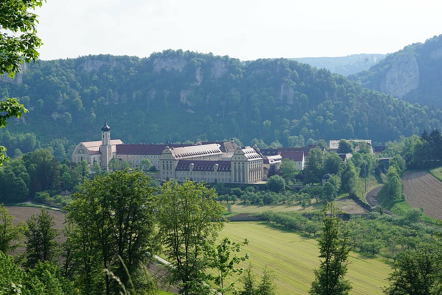 monastery, beuron, christian, tree, plant, architecture, building exterior HD wallpaper
