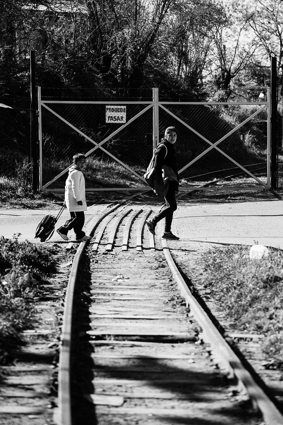 black white, pathways, train, children, going to schoole, real life, HD wallpaper