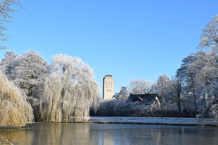 Delmenhorst, Graft, Water Tower, Winter, frost, cold, architecture, HD wallpaper