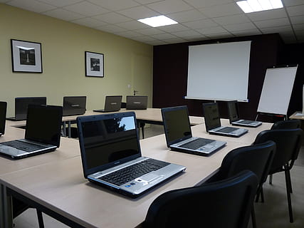 black and gray laptops on beige table, office, meeting, computer HD wallpaper