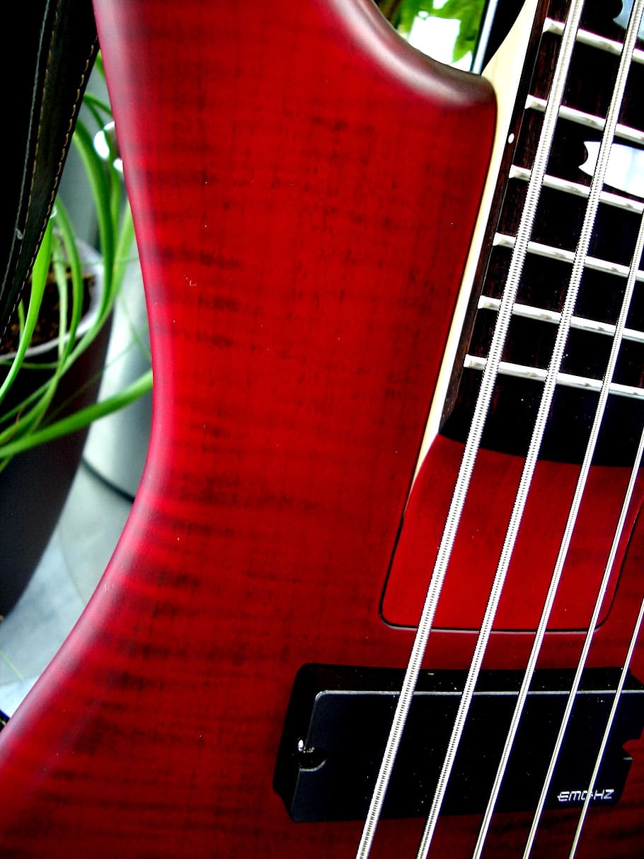 bass, e bass, 5 string, strings, music, instrument, red, musical instrument, HD wallpaper