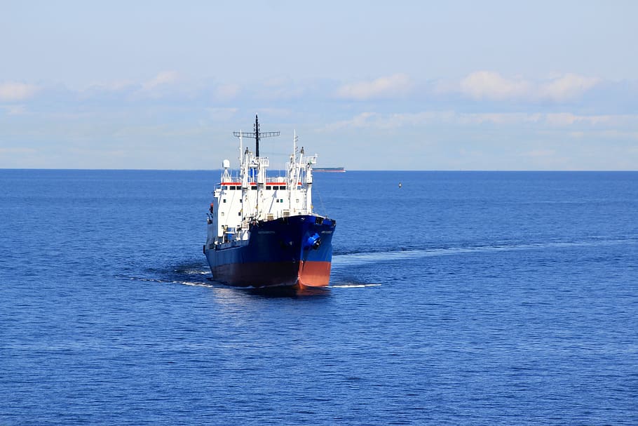 Cargo Ship, Sea, Water, Water, Blue, finnish bay, sky, horizon HD wallpaper