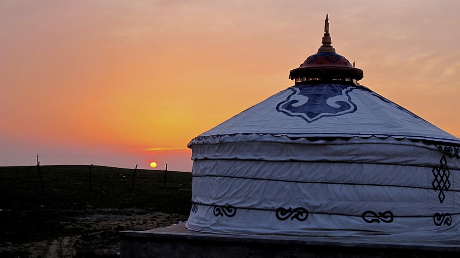 round white dome tent on desert during sunset, inner mongolia HD wallpaper