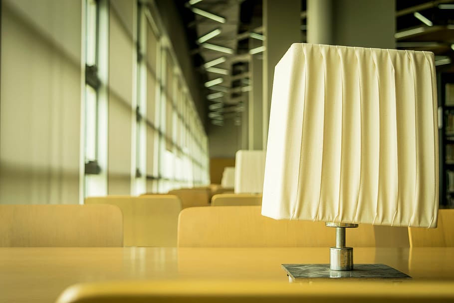 table lamp, campus, tables, library, indoors, lighting equipment HD wallpaper