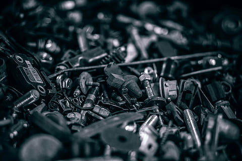 grayscale photography of pile of nuts and bolts, metal, tools HD wallpaper