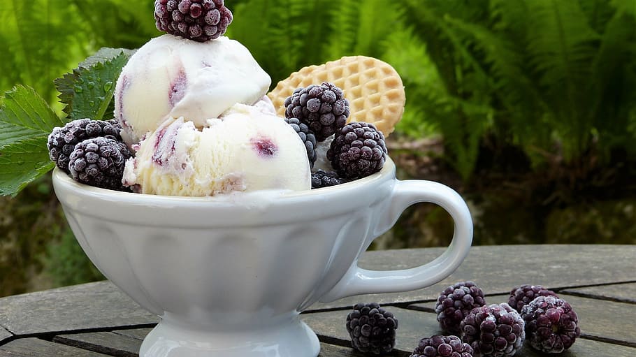 white ice cream in white ceramic cup, blackberries, milk, sugar