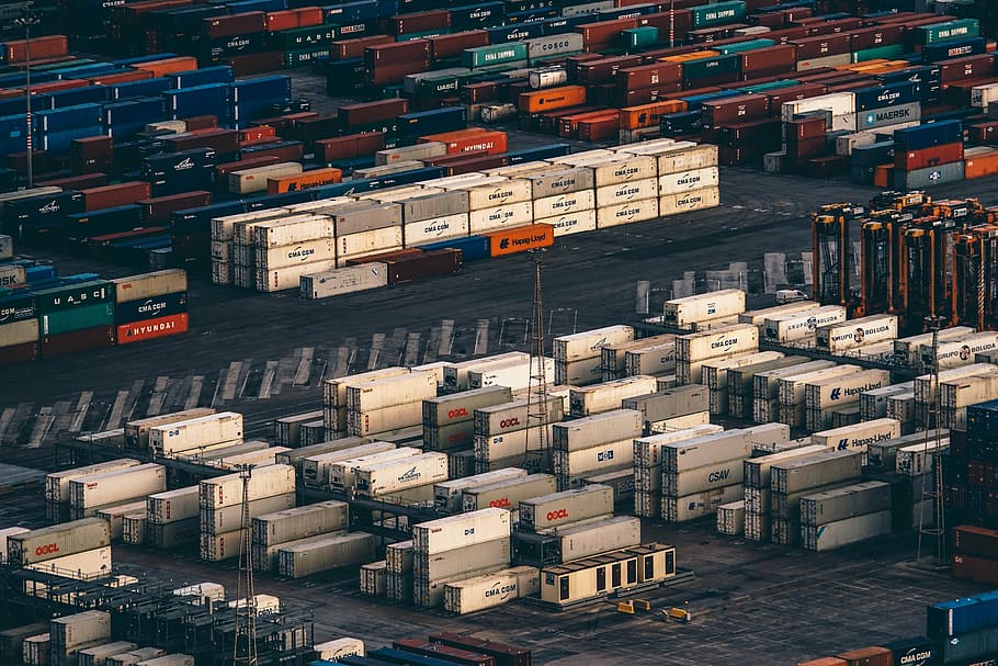 piled container van during daytime, gray and white container vans HD wallpaper