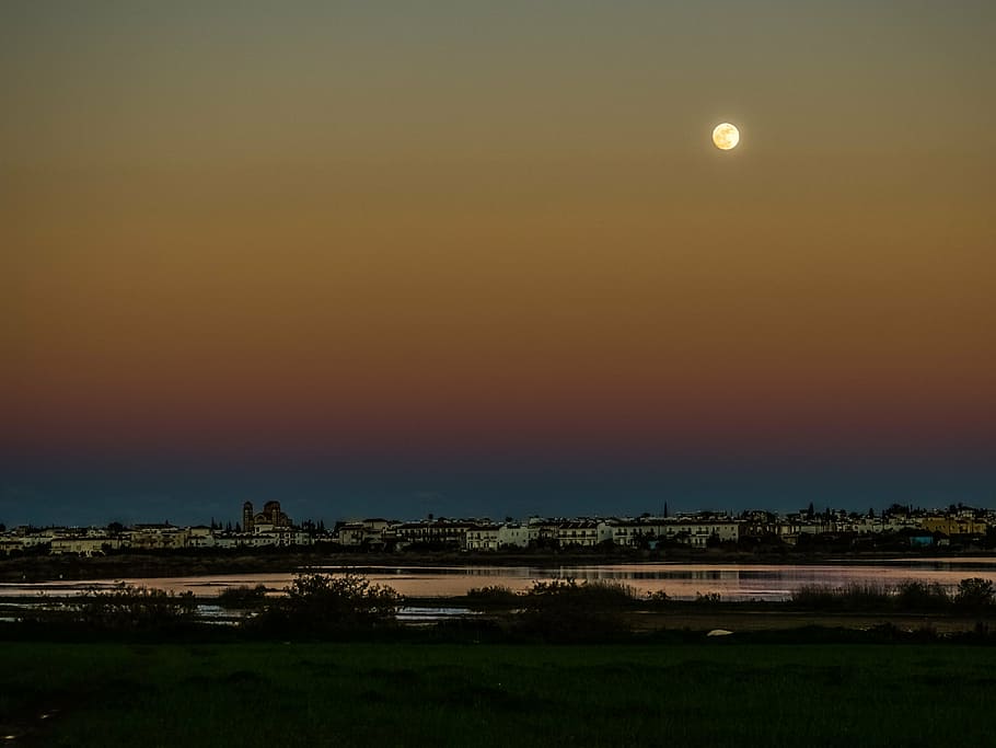 cyprus, paralimni, town, lake, evening, dusk, moon, reflections