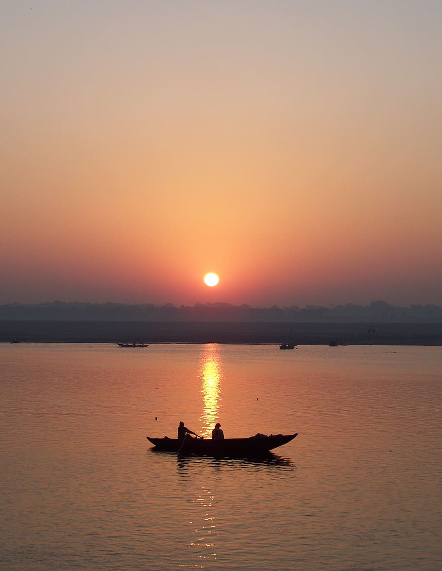 boat, ocean, water, sunset, sunrise, orange, river, varanasi, HD wallpaper