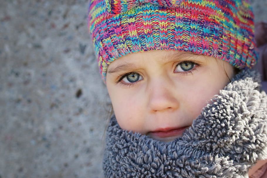 closeup photo of child in gray scarf, people, winter, cold HD wallpaper