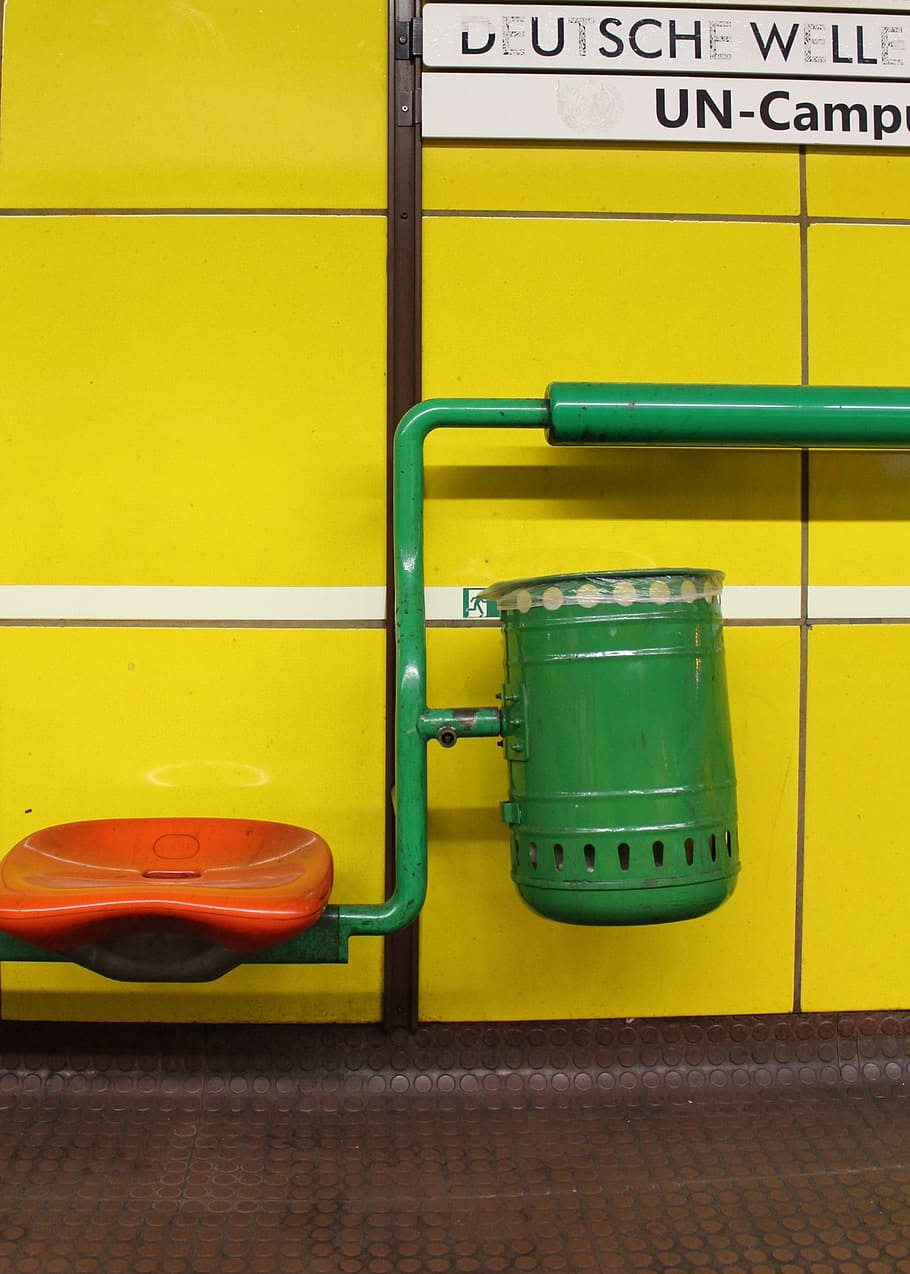 Garbage Can, Seat, Metro, Green, Yellow, orange, no people HD wallpaper