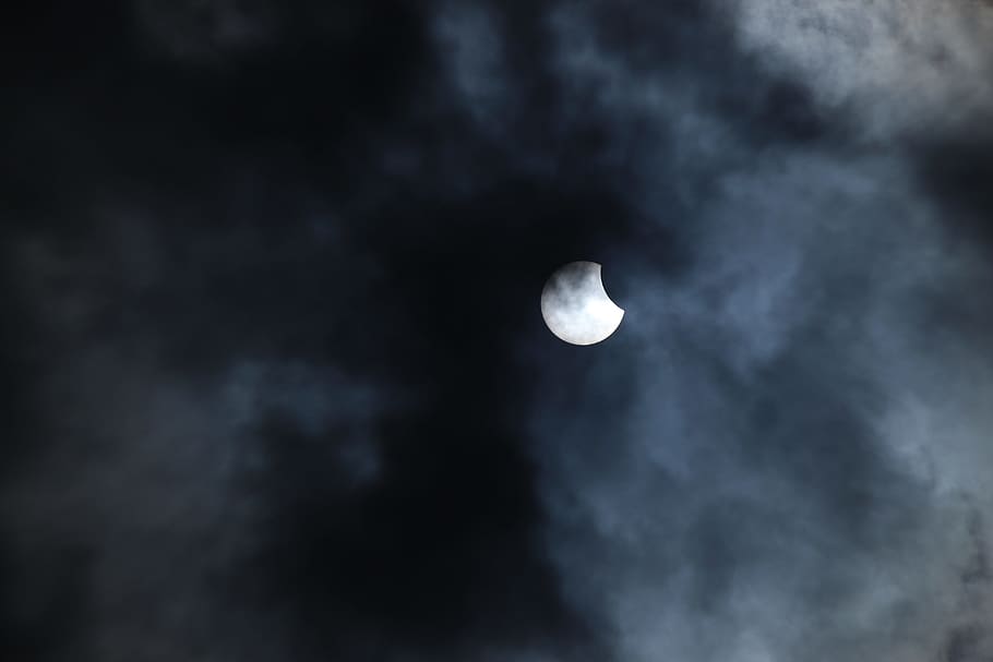 solar eclipse, sunspots, sky, time, clouds, moon, astronomy HD wallpaper