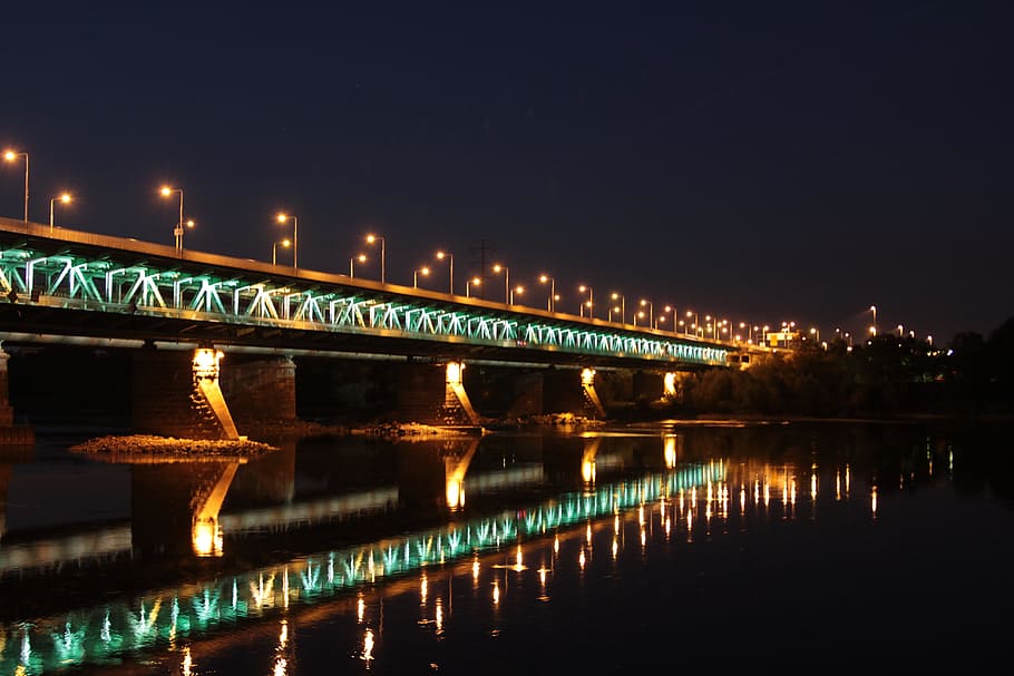 Bridge, River, Night, Water, Panorama, nature, wisla, illuminated HD wallpaper