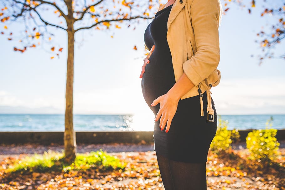 pregnant woman holding her tummy, autumn, fall, maternity, nature HD wallpaper