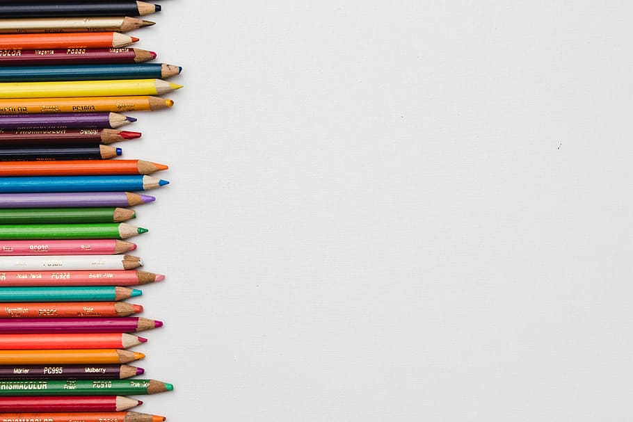 pile of color pencils, pile of coloring pencils on top of white surface, HD wallpaper