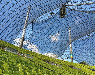 architecture, blue, green, munich, olympic stadium, fence, day HD wallpaper