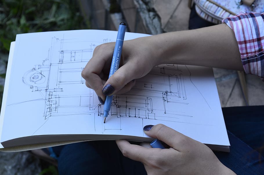 person sketching house, figure, draft, process, drawing, brush HD wallpaper