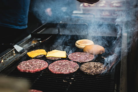 Beef burger barbeque outside, cooking, grilling, hands, meat HD wallpaper