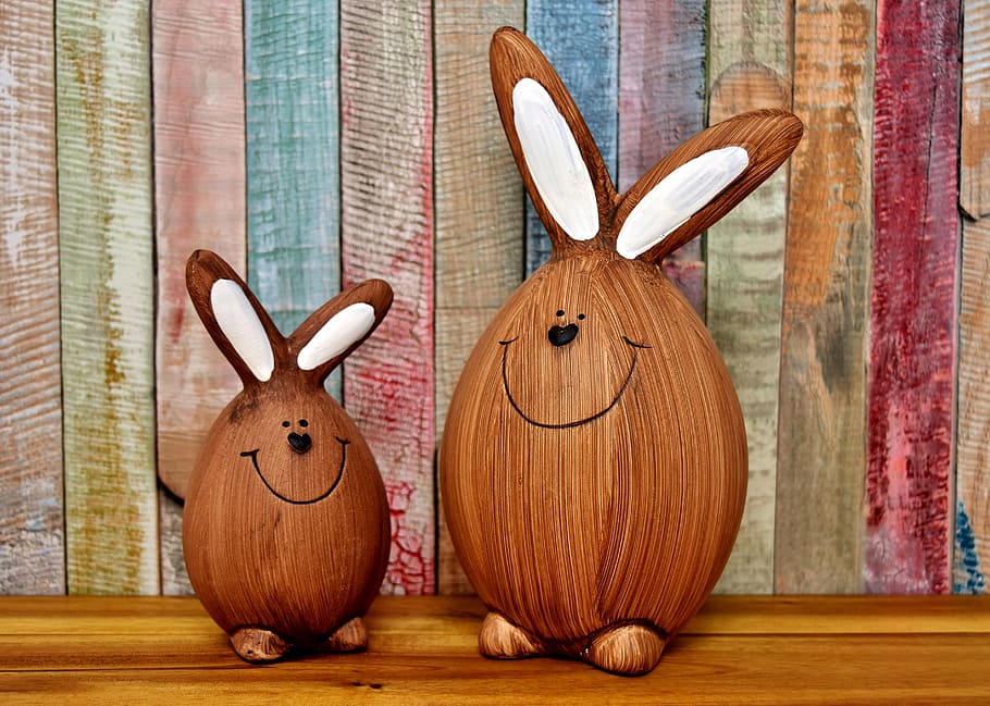 two brown-and-white bunny decors, easter, easter bunny, figure, HD wallpaper