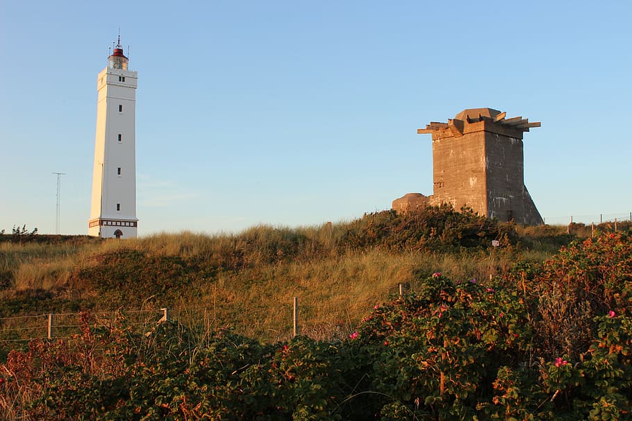 Denmark, North Sea, Bunker, blavand, lighthouse, building exterior, HD wallpaper