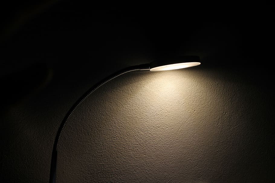 gray gooseneck lamp, light, bulb, wall, dark, night, illuminated