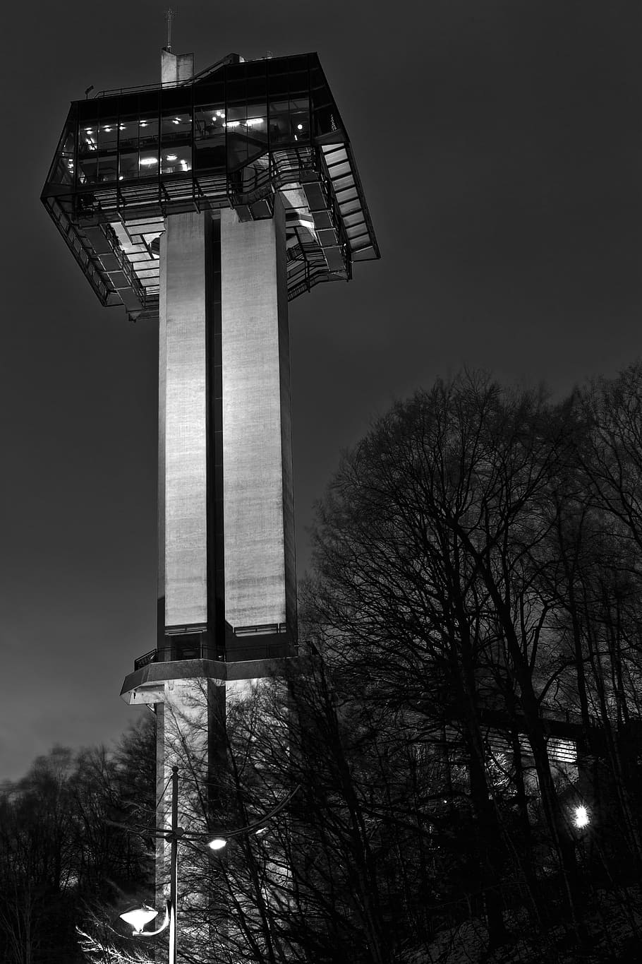 tower, sky, hill, low angle view, tree, no people, nature, lighting equipment HD wallpaper