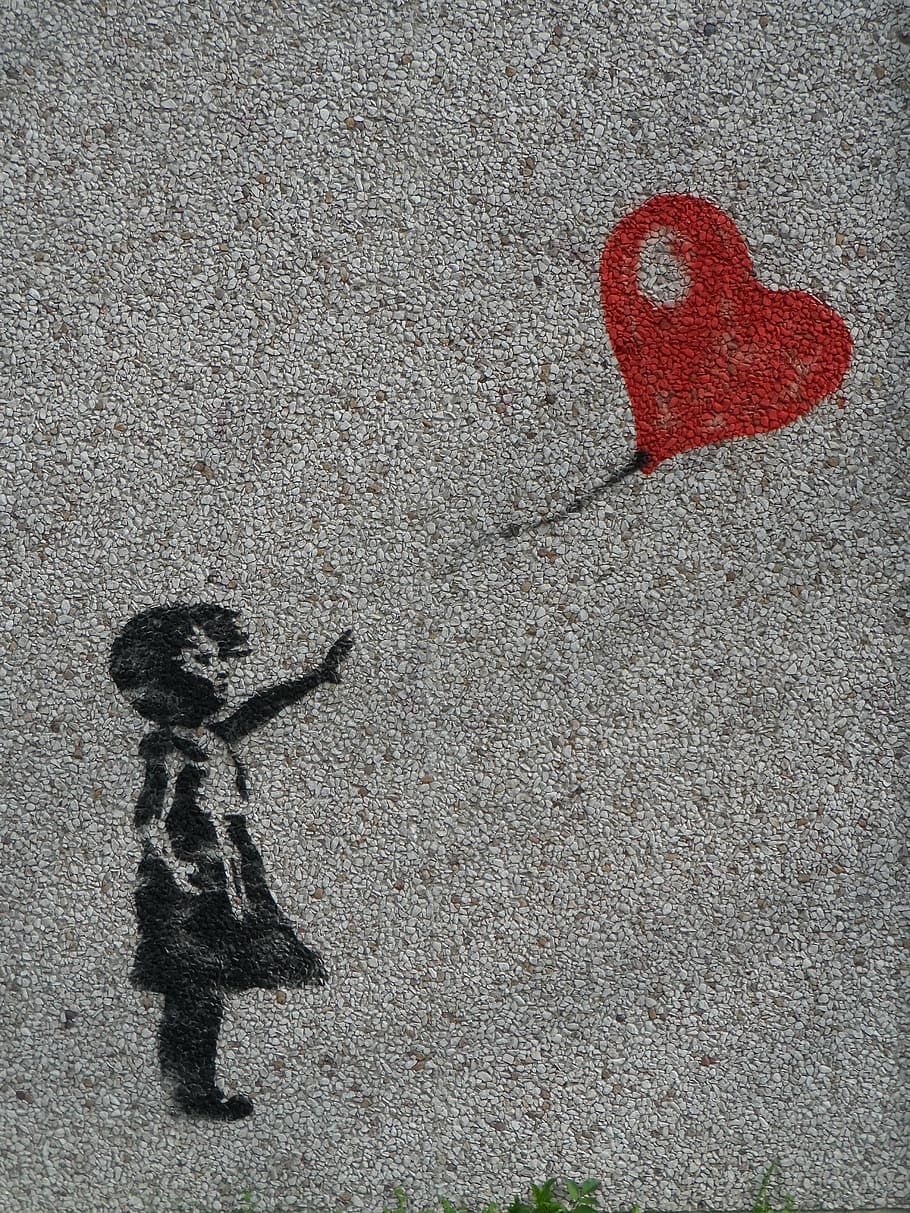 girl trying to reach the heart balloon illustration, mural, graffiti