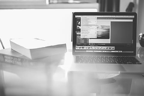 turned on laptop computer, grayscale, photo, macbook, pro, creative HD wallpaper