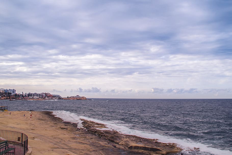 sea, sand, beach, cloud - sky, water, architecture, beauty in nature HD wallpaper