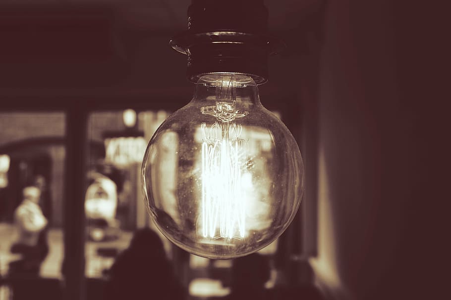 incandescent bulb, light, filaments, interior, people, sepia HD wallpaper