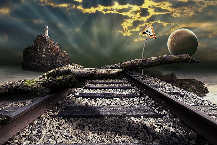 tree branch on black steel railroad, composing, seemed, planet HD wallpaper