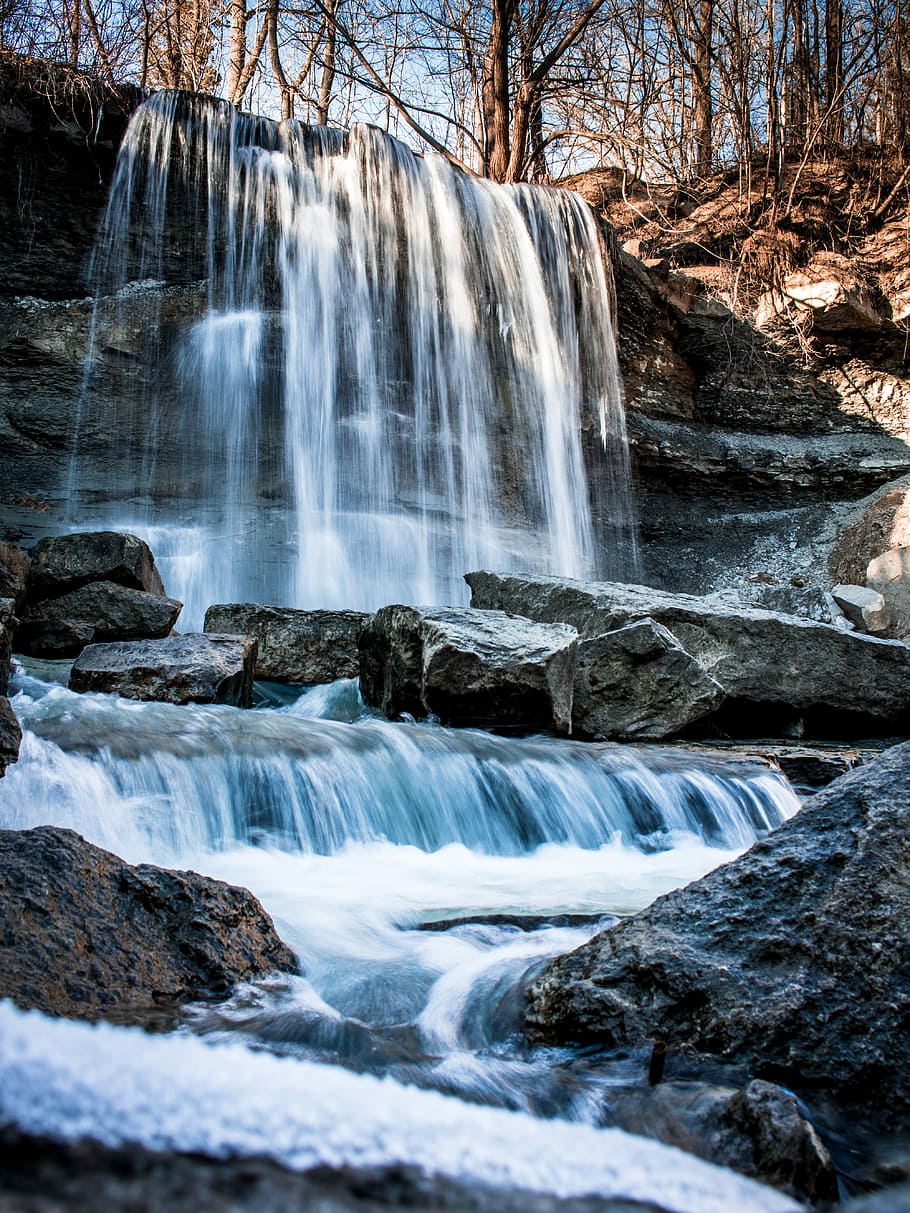 Waterfall, scenery of waterfalls, rocks, trees, nature, movement HD wallpaper