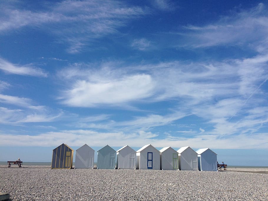 Blue Sky, Beach, Air, Clouds, Coast, bathhouse, sand, sea, cloud - sky HD wallpaper