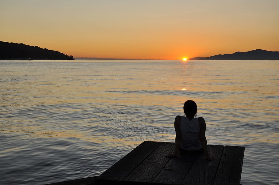 Sunset, Dock, Person, Pier, Sea, Summer, horizon, beach, waterfront HD wallpaper