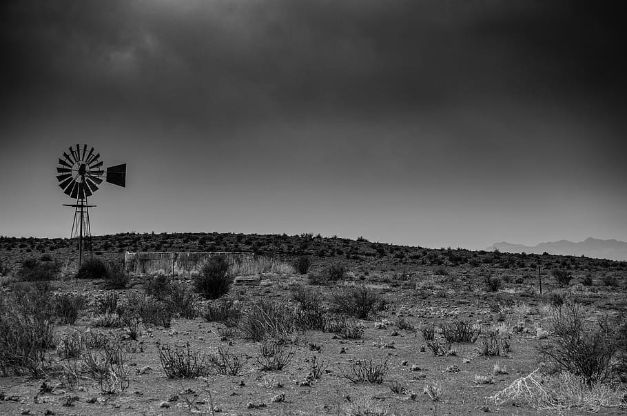 windmill, desert, black and white, monochrome, landscape, semi-desert, HD wallpaper