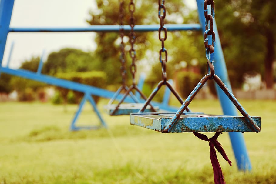 blue metal framed swing, park, spring, summer, playground, focus on foreground HD wallpaper