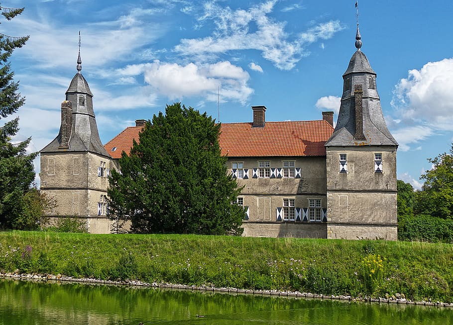 castle, moated castle, wasserburg, well, towers, lowland castle, HD wallpaper
