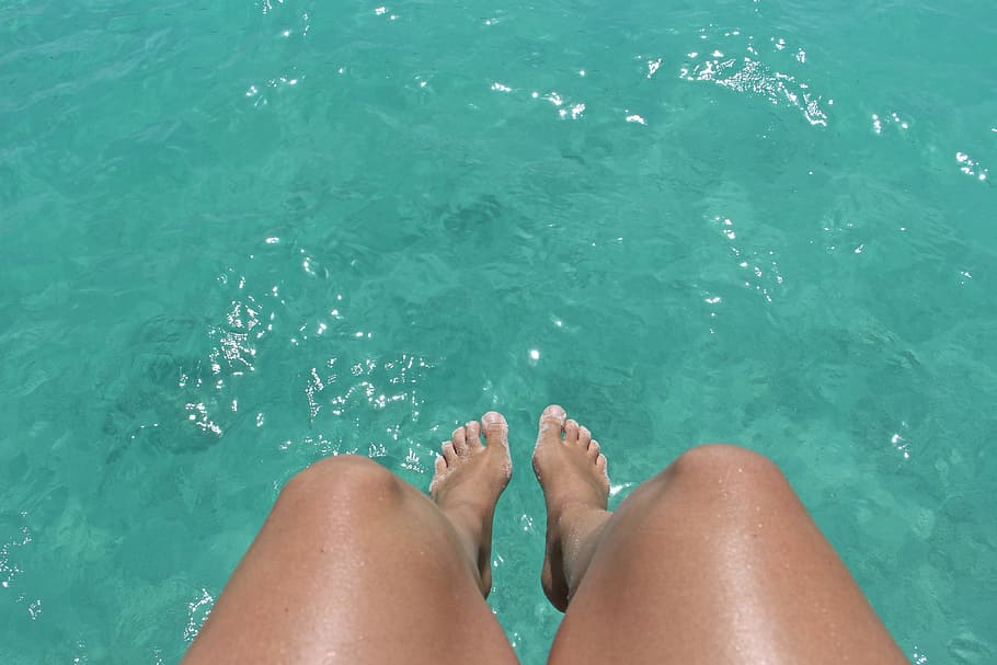 feet, foot, water, turquoise, barefoot, human body part, one person