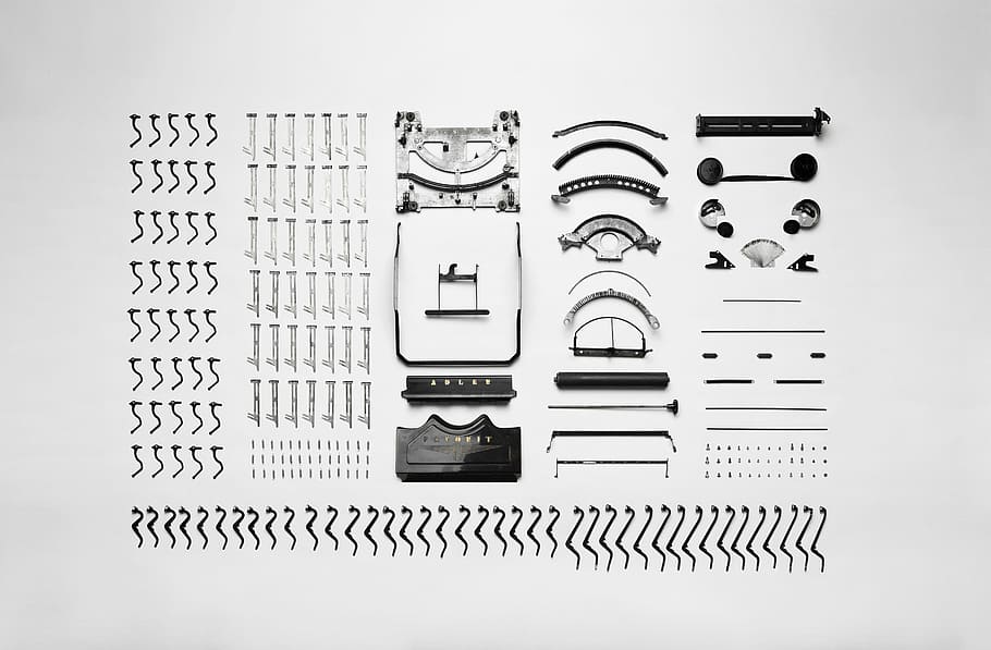aligned black and gray metal equipment part high-angle photo, black and gray metal tool set HD wallpaper