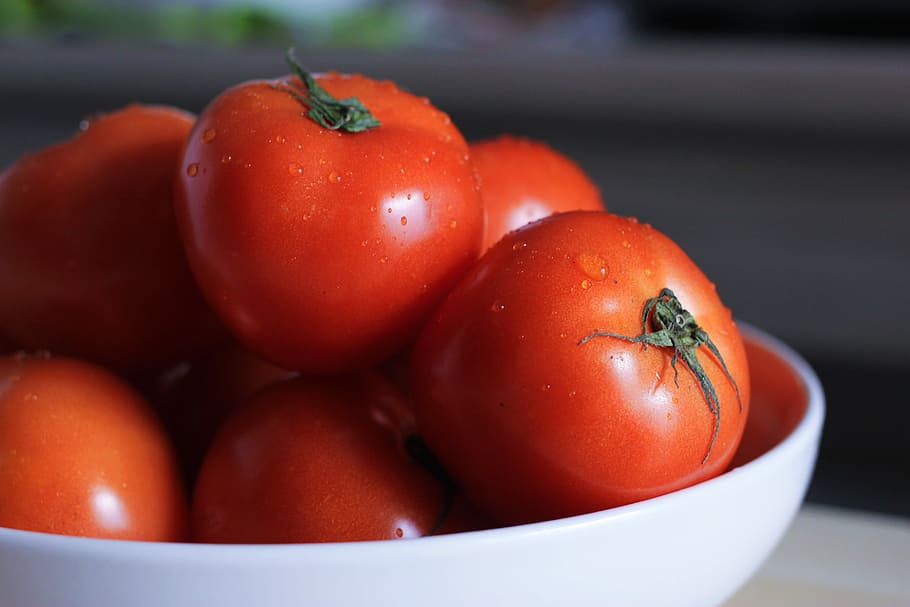 Fresh Red, tomatoes on white ceramic bowl, vegetable, fruit, food HD wallpaper