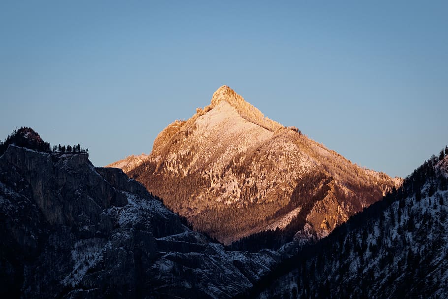 snow covered mountain, peak, winter, light, sky, rock, nature HD wallpaper
