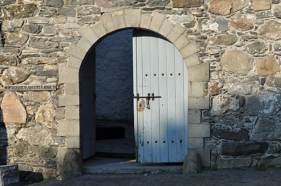 door, gray, grey, outside, stone, entrance, entry, rounded HD wallpaper