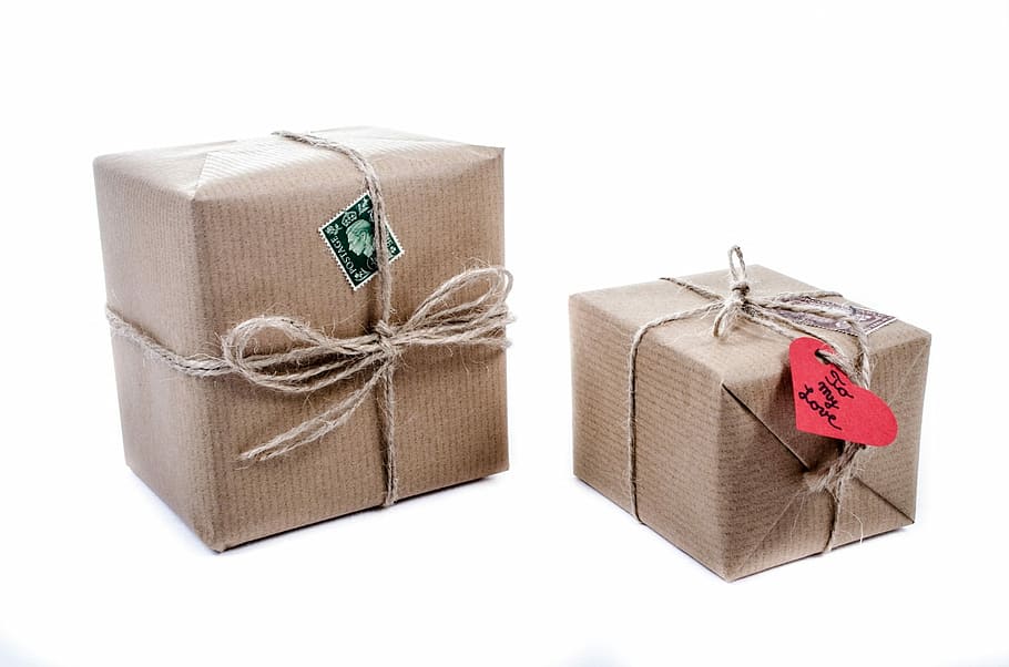 two brown gift boxes, cardboard, paper, old, close-up, isolated HD wallpaper